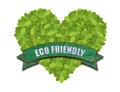 Green heart made of green leaves with green eco friendly banner