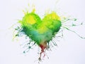 Green heart with paint splashes watercolor painting