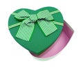 Beauty green heart present open box. Gift for lover pink color inside with bow tie isolated on white background with clipping path Royalty Free Stock Photo