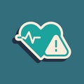 Green Heart rate icon isolated on green background. Heartbeat sign. Heart pulse icon. Cardiogram icon. Long shadow style