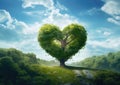 Green heart shaped tree on a hill with blue sky and clouds background Royalty Free Stock Photo