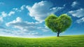 Green heart-shaped tree sunny fluffy white clouds in the blue sky background. Nature, love, environment concept Royalty Free Stock Photo