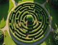 Green hedge maze viewed from above shows complex pathways and a central bush. Grassy paths circle the labyrinth. Rich park Royalty Free Stock Photo