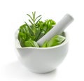 Green herb leaves in a white pestle Royalty Free Stock Photo