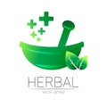 Green herbal bowl vector logotype with green leaf and cross. Concept symbol for medical, clinic, pharmacy business or Royalty Free Stock Photo