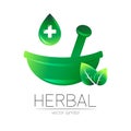 Green herbal bowl vector logotype with green leaf in drop. Concept symbol for medical, clinic, pharmacy business or shop Royalty Free Stock Photo