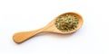 Green Herbal Seasoning In Wooden Spoon On White Background. Dry Basil, Spice Condiment. AI generated