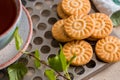 Green herbal tea is served on a metal vintage antique retro tray with homemade cakes - round biscuit biscuits. on a Royalty Free Stock Photo