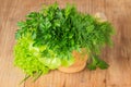 Green herbs in a pounder