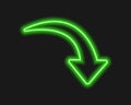 Green here neon arrow. Lightning direction sign on dark background. Vector realistic illustration