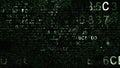 Green hexadecimal code fragments on black background