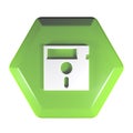 Green hexagonal push button with floppy disk icon - 3D rendering illustration