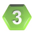 Number 3 green hexagonal push button - 3D rendering illustration Royalty Free Stock Photo