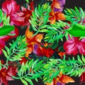 Green Hibiscus Foliage. Orange Flower Decor. Red Watercolor Decor. Purple Floral Background. Yellow Seamless Illustration. Pink Pa Royalty Free Stock Photo