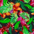 Green Hibiscus Garden. Red Flower Texture. Purple Watercolor Plant. Yellow Floral Set. Orange Seamless Decor. Colorful Pattern Pri Royalty Free Stock Photo