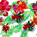 Green Hibiscus Leaves. Colorful Flower Leaf. Yellow Watercolor Illustration. Purple Floral Wallpaper. Orange Seamless Foliage. Red Royalty Free Stock Photo