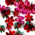 Green Hibiscus Wallpaper. Red Watercolor Jungle. Purple Seamless Print. Flower Print Pattern Background. Tropical Garden. Summer L Royalty Free Stock Photo