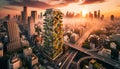 Green High-Rises Sunset Over City Skyline Dotted with Vertical Gardens Marrying Architecture with Nature