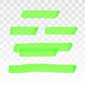 Green highlighter transparent brush lines set. Marker highlight underline stripes isolated on transparent background Royalty Free Stock Photo