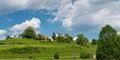 Green hill with bushes trees and house