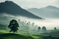 Green hill scene Trees and fog layer the hills by Generative AI