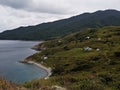 Green hills, bay, clouds and small houses