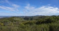 Green hills and blue mountains with thin white clouds