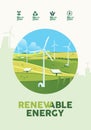 Green hills nature landscape, environment, field, ecology, meadows, renewable alternative energy, wind turbine poster banner