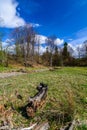 Green hills traditional landscape over cloudy sky on background. Hikers paradise in the countryside Romania. Royalty Free Stock Photo