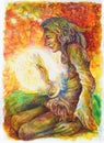 Green hippie indian shaman with a ball of healing white light.