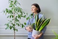 Green hobby indoor houseplants, woman with plants in pots