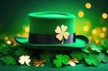 green holiday hat, leprechaun hat, clover leaves, bokeh effect, Irish shamrock, golden glow, magic and luck