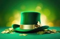 green holiday hat, leprechaun hat, clover leaves, Irish shamrock, golden glow, bokeh effect, magic and luck