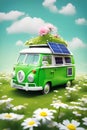 Green home - Camping car with solar module. Green energy concept with environment roadsign showing alternative to CO2 and Royalty Free Stock Photo