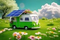 Green home - Camping car with solar panels. Green energy concept with environment roadsign showing alternative to CO2 and