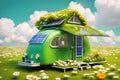 Green home - Camping car with solar panels. Green energy concept with environment roadsign showing alternative to CO2 and Royalty Free Stock Photo