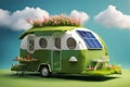 Green home - Camping car with solar panels. Green energy concept with environment roadsign showing alternative to CO2 and Royalty Free Stock Photo