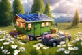 Green home - Camping car with solar panels. Green energy concept with environment roadsign showing alternative to CO2 and Royalty Free Stock Photo