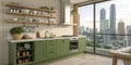 Green home kitchen with panoramic window and Bangkok view Royalty Free Stock Photo