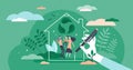 Green home vector illustration. Ecological house flat tiny persons concept. Royalty Free Stock Photo