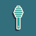 Green Honey dipper stick icon isolated on green background. Honey ladle. Long shadow style. Vector