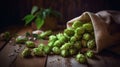 Green hops in a sack on an aged wooden table. Generative AI Royalty Free Stock Photo