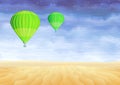 Green hot air balloons over a lifeless sand desert