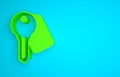 Green Hotel door lock key icon isolated on blue background. Minimalism concept. 3D render illustration Royalty Free Stock Photo