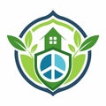 A green house adorned with leaves and a peace sign symbol, Artistic interpretation of insurance coverage and peace of mind Royalty Free Stock Photo