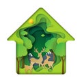 Green house of deers family with nature concept paper art background Royalty Free Stock Photo