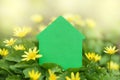 Green House on flowers background. Copy space. Mock up. Decarbonization of Real Estate.
