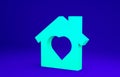 Green House with heart inside icon isolated on blue background. Love home symbol. Family, real estate and realty