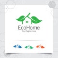 Green house logo design vector with concept of home and leaf icon illustration for real estate, property, residence and mortgage Royalty Free Stock Photo