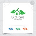 Green house logo design vector with concept of home and leaf icon illustration for real estate, property, residence and mortgage Royalty Free Stock Photo